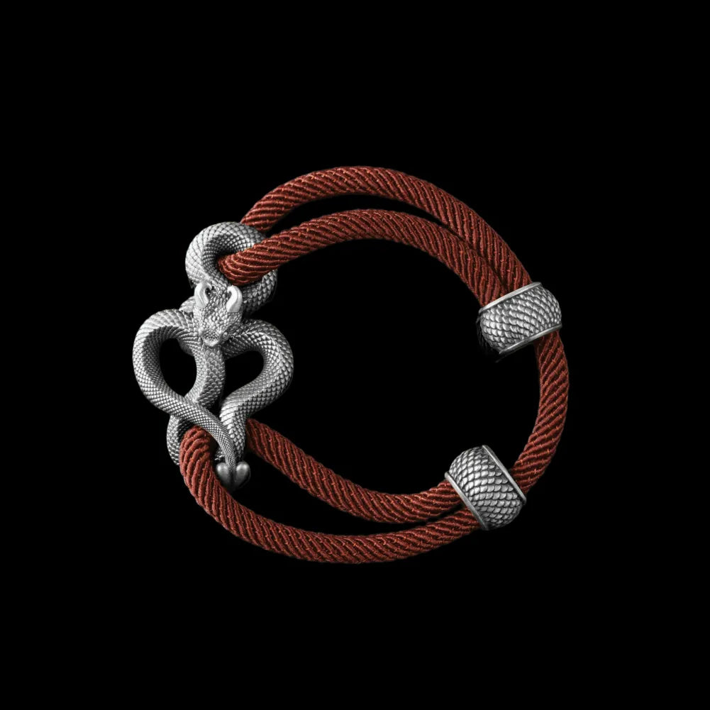 Demon Serpent Rope Bracelet Oxidized Silver 4mm Milan Rope Dark Orange Black Background