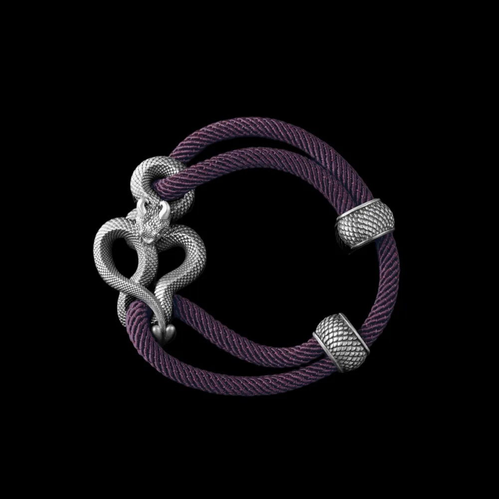 Demon Serpent Rope Bracelet Oxidized Silver 4mm Milan Rope Dark Purple Black Background