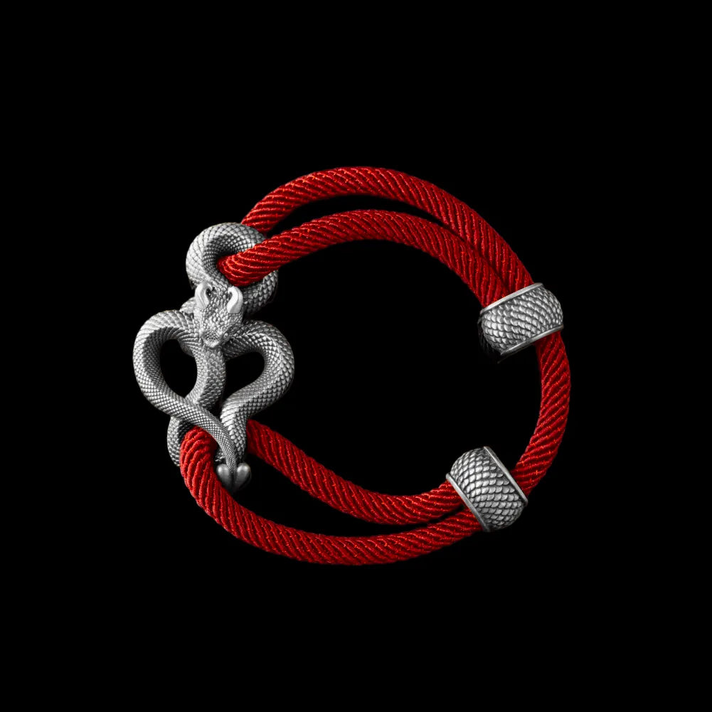 Demon Serpent Rope Bracelet Oxidized Silver 4mm Milan Rope Fiery Red Black Background