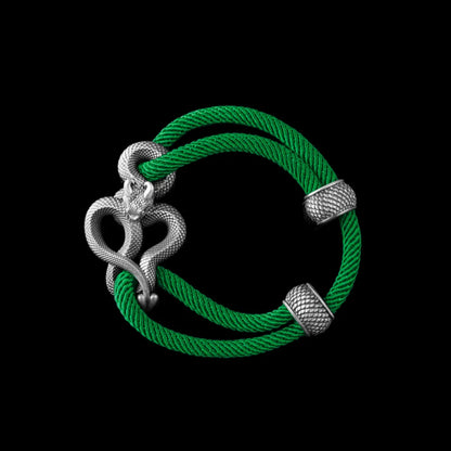 Demon Serpent Rope Bracelet Oxidized Silver 4mm Milan Rope Green Black Background