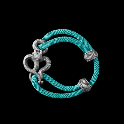 Demon Serpent Rope Bracelet Oxidized Silver 4mm Milan Rope Light Blue Black Background