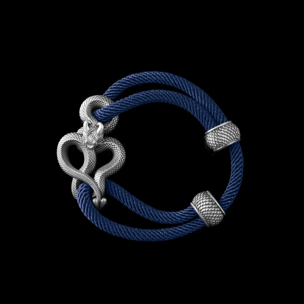 Demon Serpent Rope Bracelet Oxidized Silver 4mm Milan Rope Navy Blue Black Background