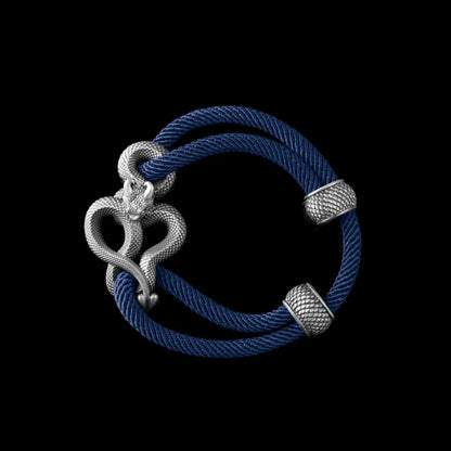 Demon Serpent Rope Bracelet Oxidized Silver 4mm Milan Rope Navy Blue Black Background