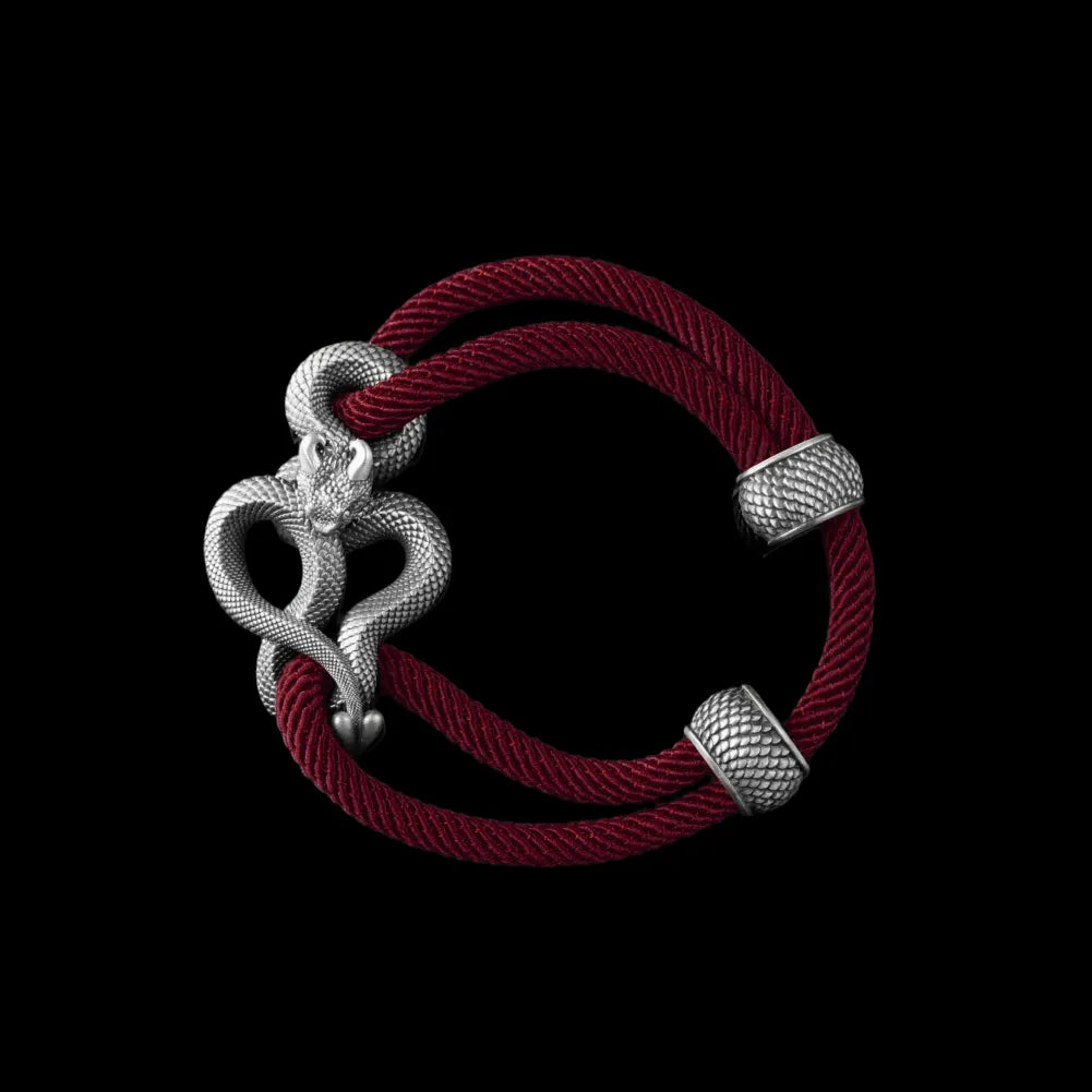 Demon Serpent Rope Bracelet Oxidized Silver 4mm Milan Rope Red Velvet Black Background