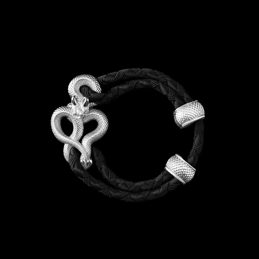 Demon Serpent Rope Bracelet Platinum 4mm Braided Rope Black Black Background