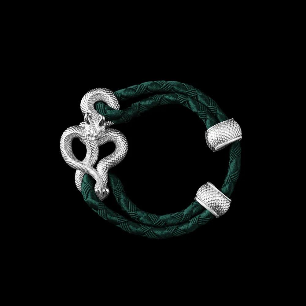 Demon Serpent Rope Bracelet Platinum 4mm Braided Rope Dark Green Black Background