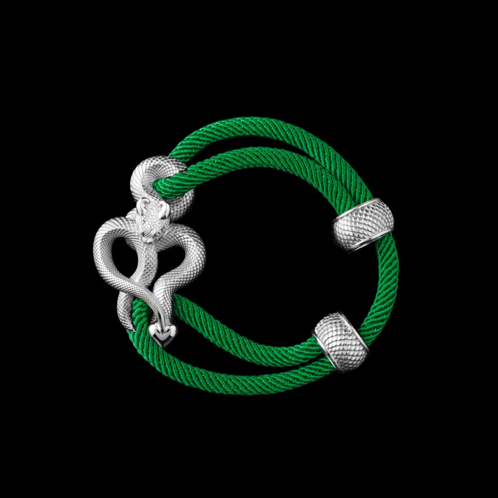 Demon Serpent Rope Bracelet Platinum 4mm Milan Rope Green Black Background