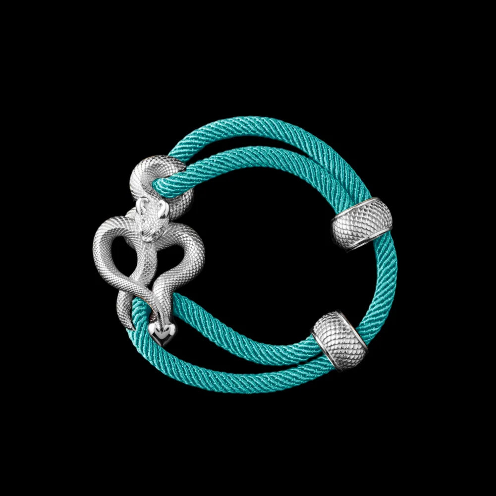 Demon Serpent Rope Bracelet Platinum 4mm Milan Rope Light Blue Black Background