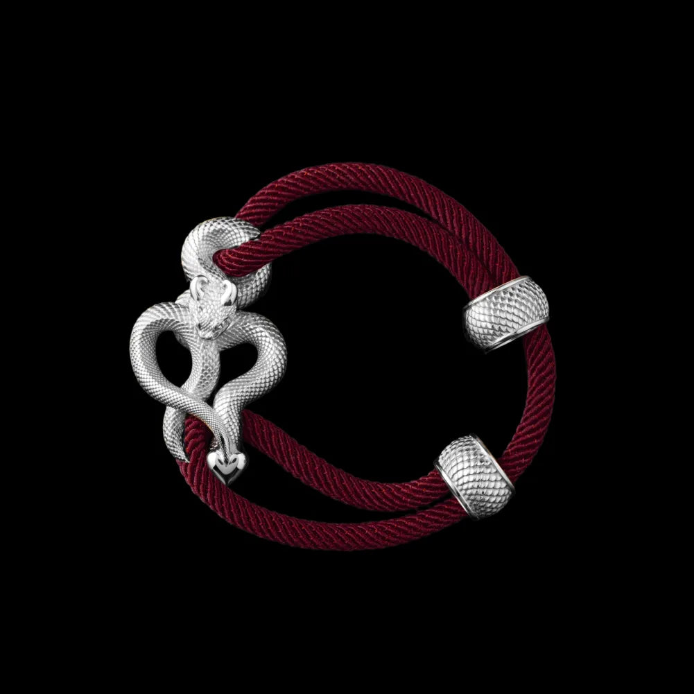 Demon Serpent Rope Bracelet Platinum 4mm Milan Rope Red Velvet Black Background