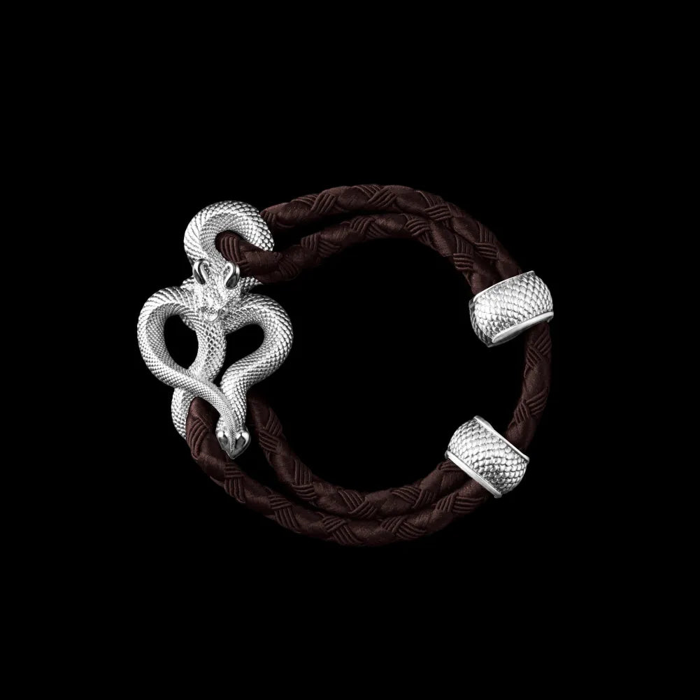 Demon Serpent Rope Bracelet Silver 4mm Braided Rope Deep Coffee Black Background