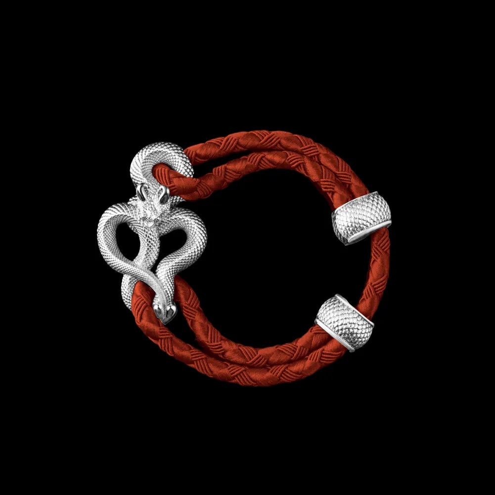 Demon Serpent Rope Bracelet Silver 4mm Braided Rope Deep Orange Black Background
