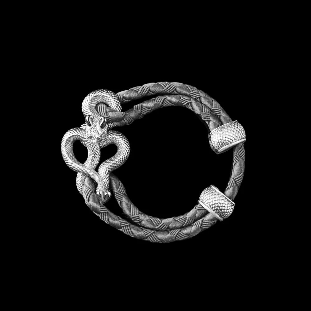 Demon Serpent Rope Bracelet Silver 4mm Braided Rope Gray Black Background