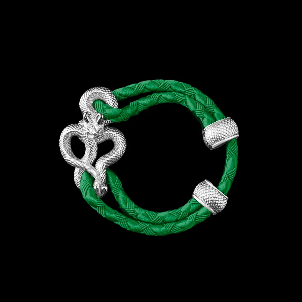 Demon Serpent Rope Bracelet Silver 4mm Braided Rope Green Black Background