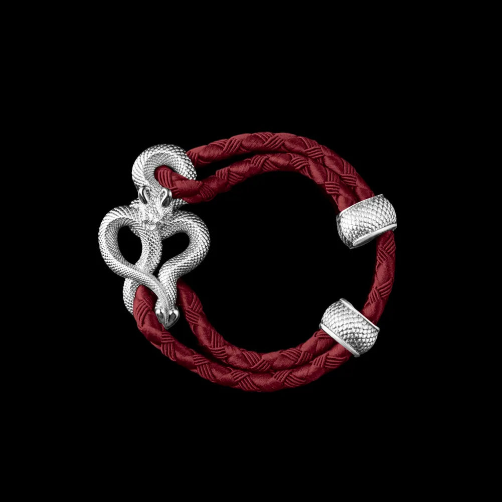 Demon Serpent Rope Bracelet Silver 4mm Braided Rope Jujube Red Black Background