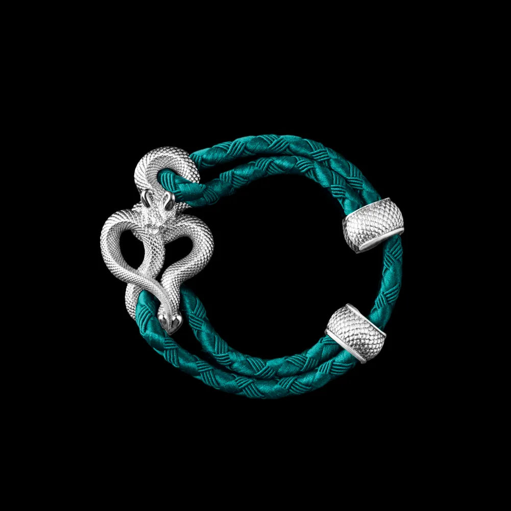 Demon Serpent Rope Bracelet Silver 4mm Braided Rope Light Ink Green Black Background