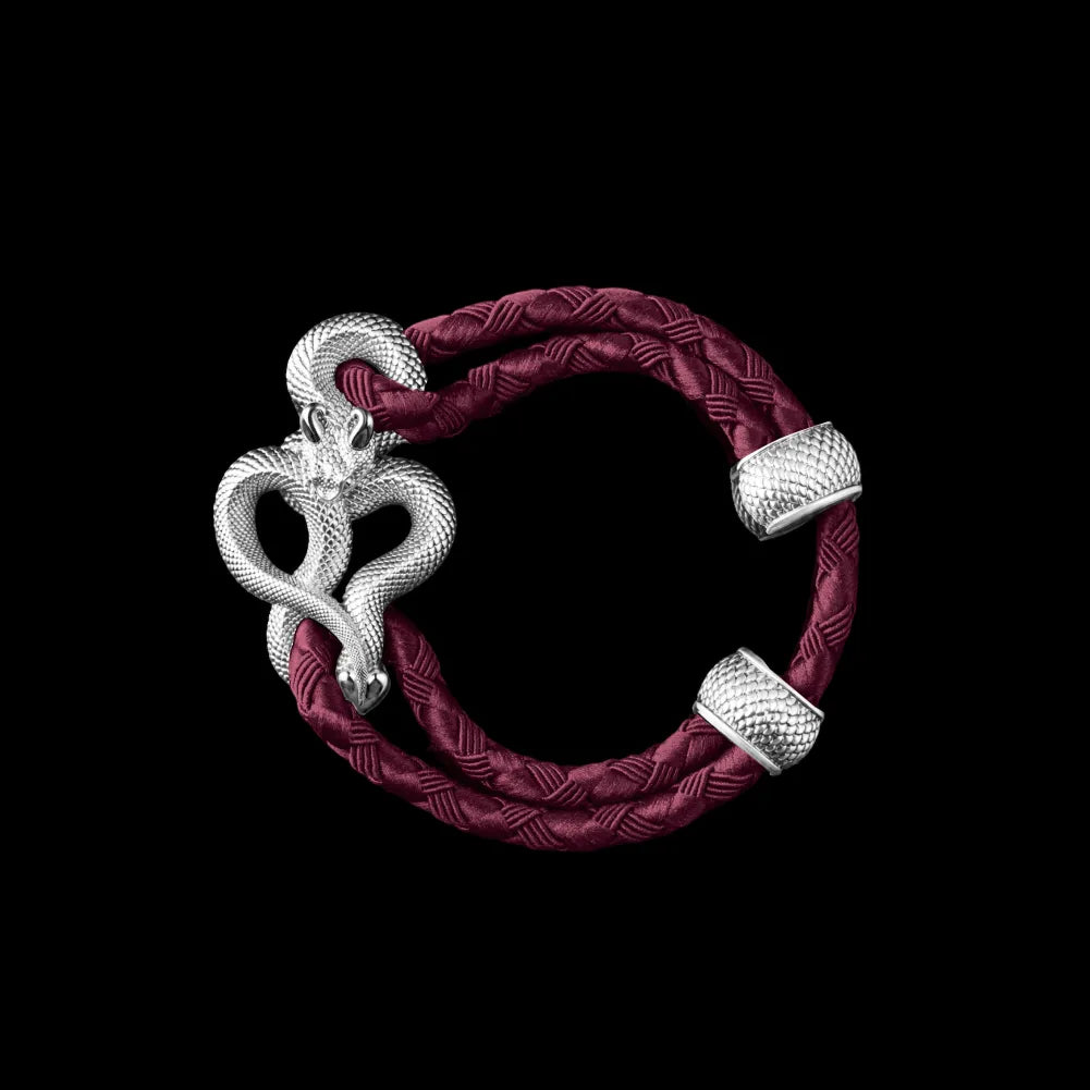 Demon Serpent Rope Bracelet Silver 4mm Braided Rope Wine Red Black Background