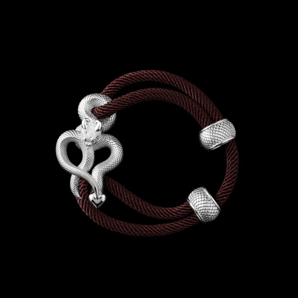 Demon Serpent Rope Bracelet Silver 4mm Milan Rope Coffee Black Background