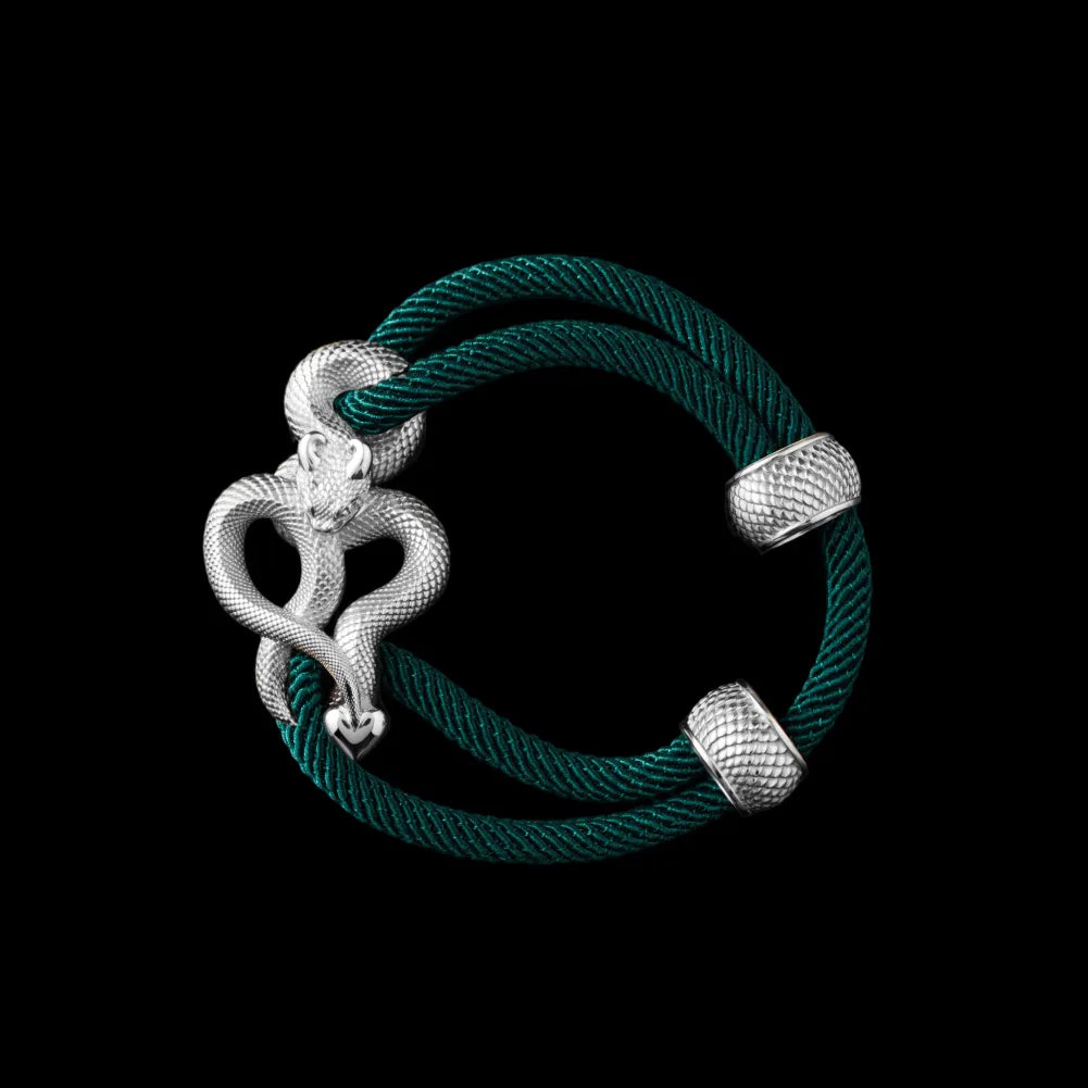 Demon Serpent Rope Bracelet Silver 4mm Milan Rope Dark Green Black Background