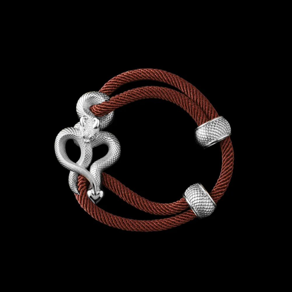 Demon Serpent Rope Bracelet Silver 4mm Milan Rope Dark Orange Black Background
