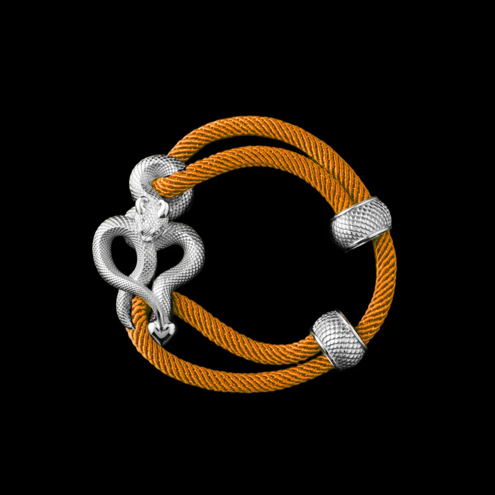 Demon Serpent Rope Bracelet Silver 4mm Milan Rope Ochre Black Background