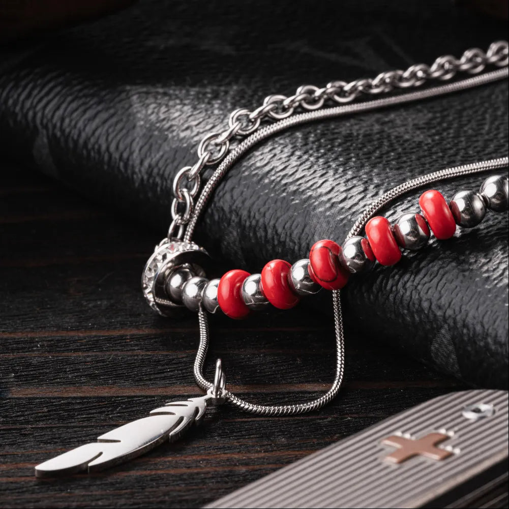 Feather Pendant Bead Necklace Details 02