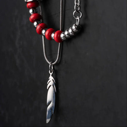 Feather Pendant Bead Necklace Details 04