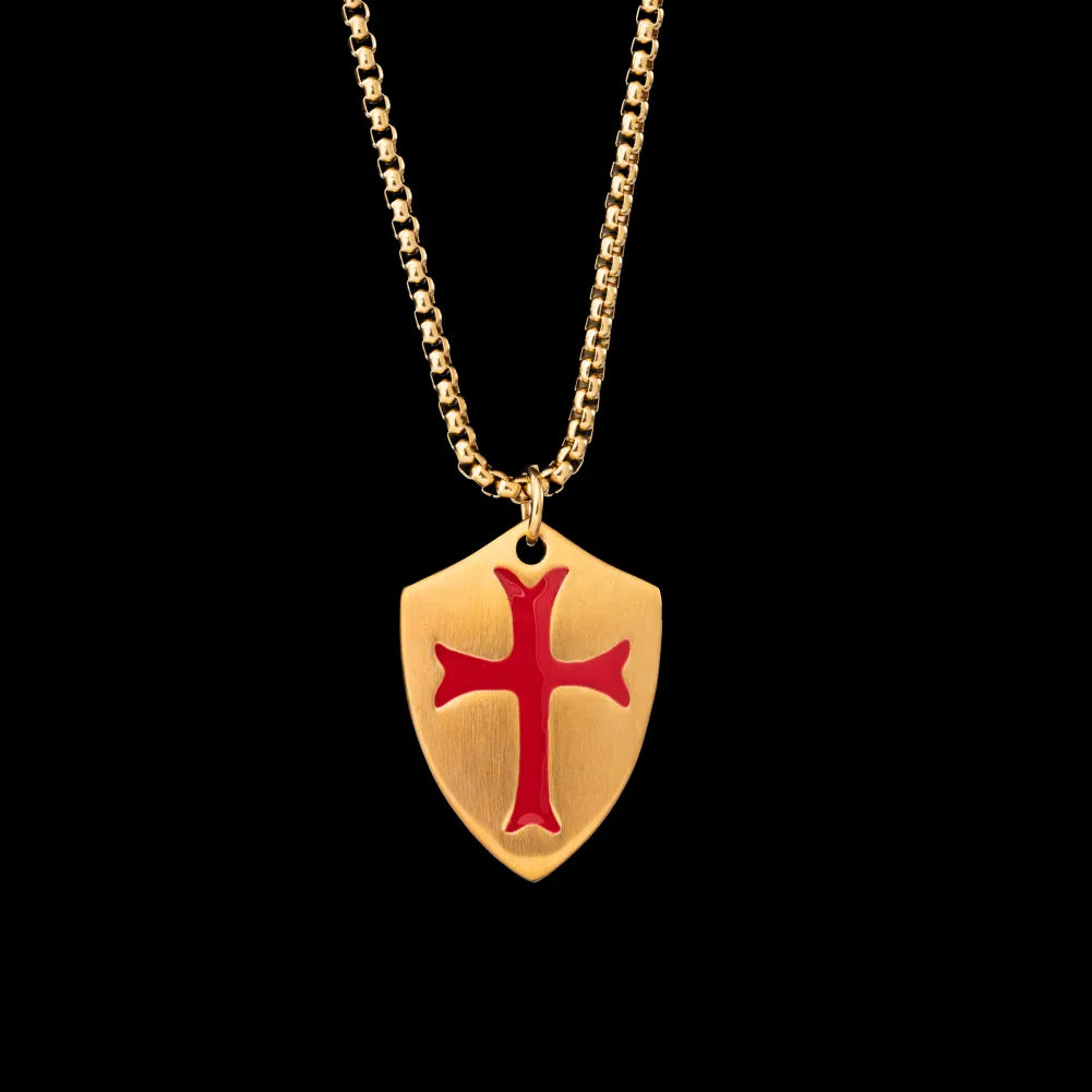 Gold Tone Crusader Shield Pendant Details 01