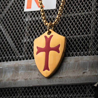 Gold Tone Crusader Shield Pendant Details 03