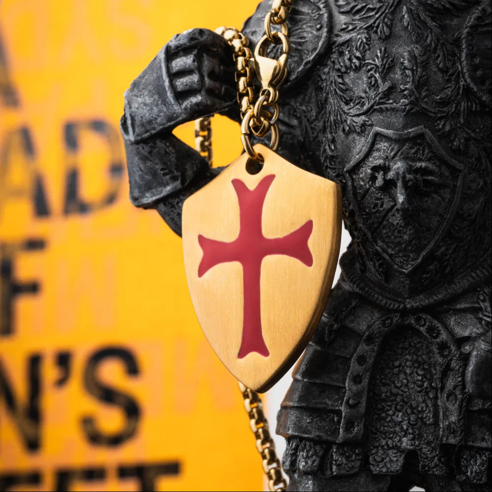 Gold Tone Crusader Shield Pendant Details 06