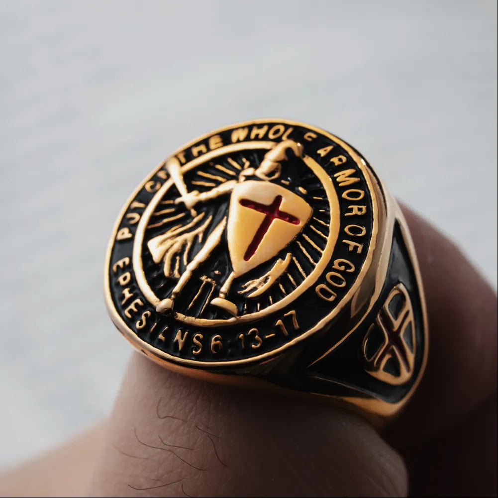 Gold Tone Crusader Shield Ring Details 02