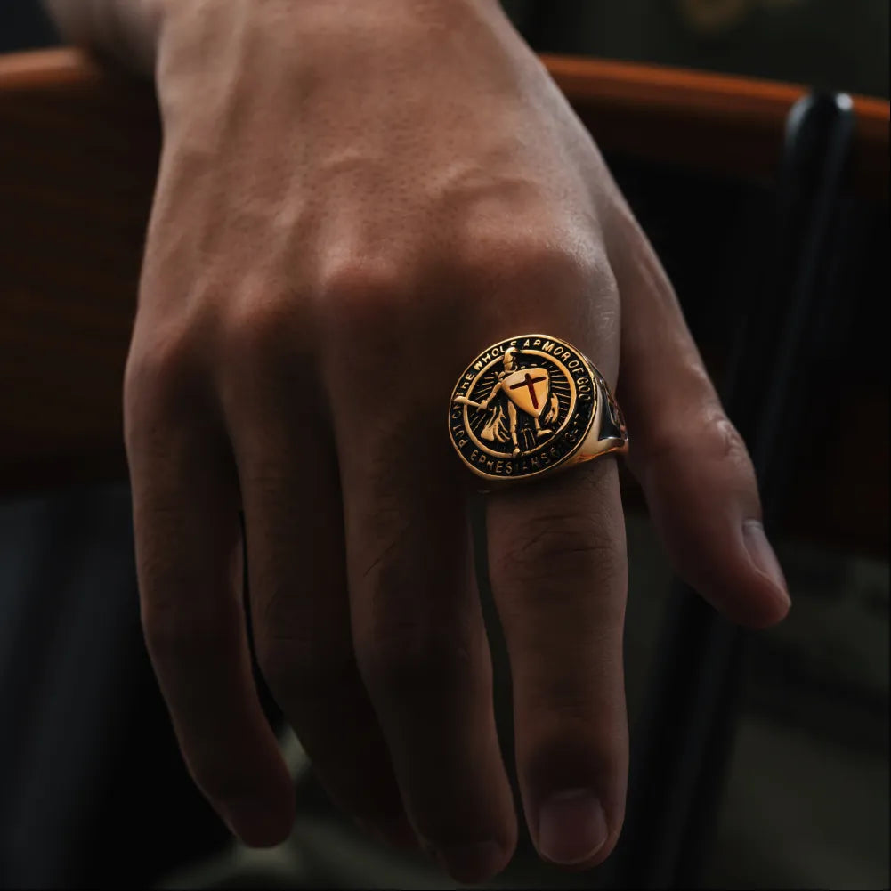 Gold Tone Crusader Shield Ring Details 03