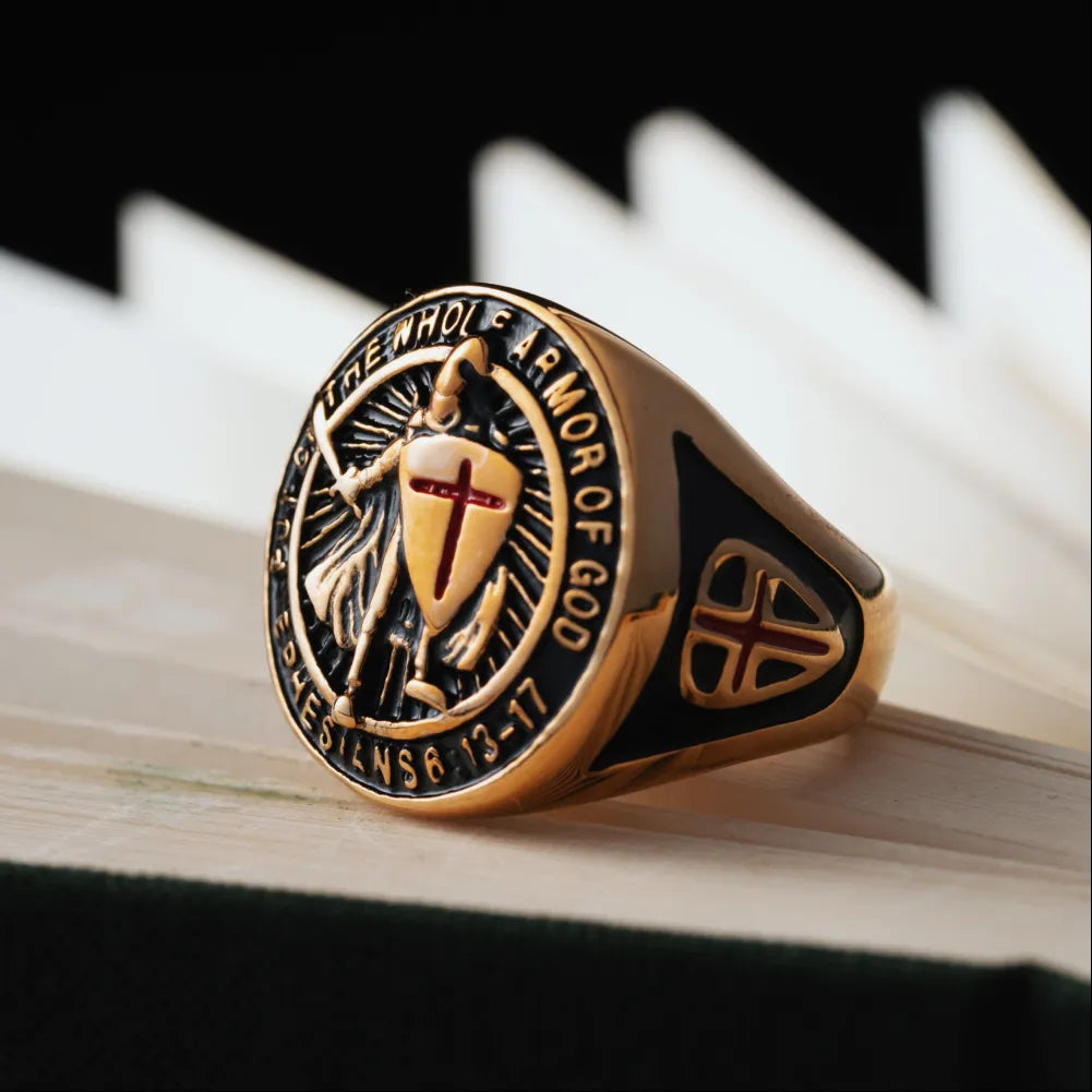 Gold Tone Crusader Shield Ring Details 05
