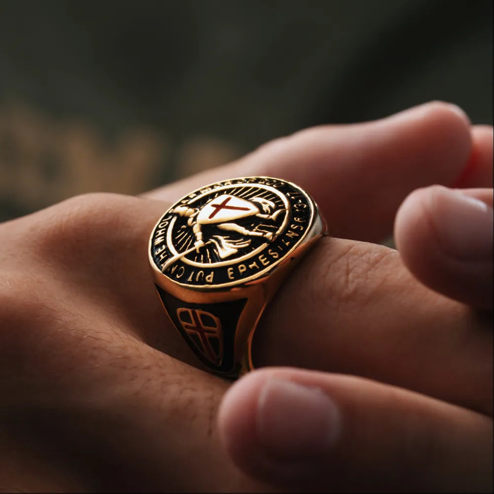 Gold Tone Crusader Shield Ring Details 07