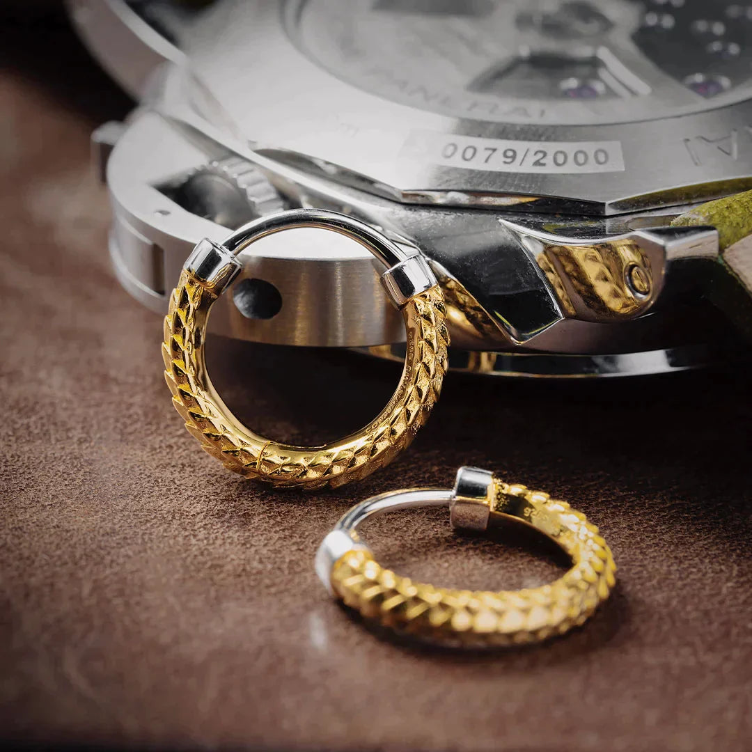 Gold Vermeil Snake Skin Huggie Earrings Details 01