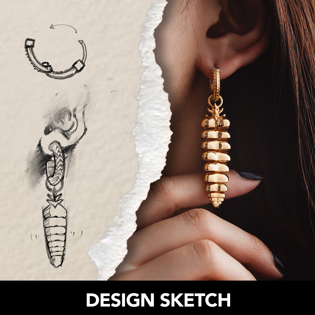 Gold Vermeil Rattlesnake Tail Earrings Design Sketch
