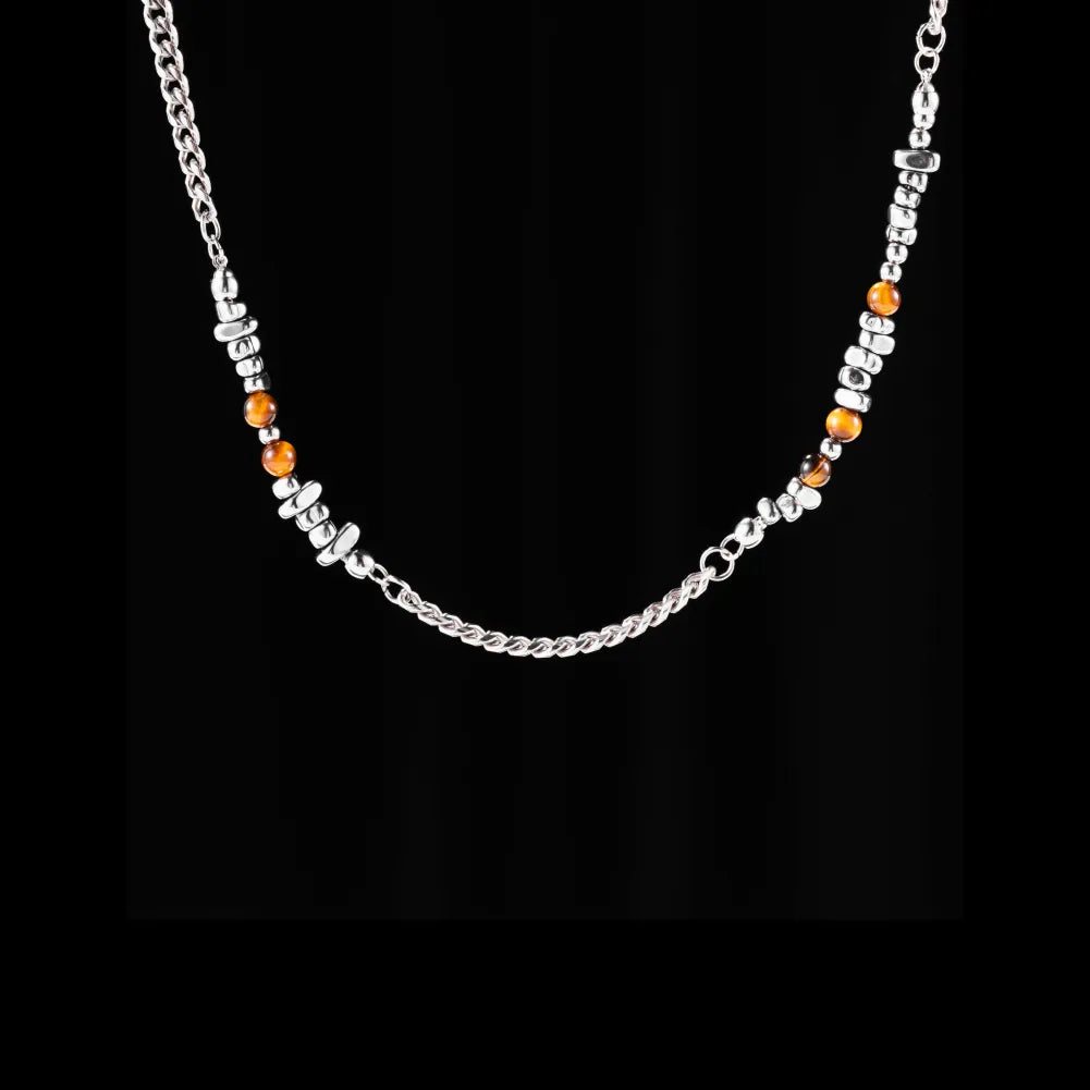 Golden Tiger Eye Chip Ti Steel Chain Necklace Details 01