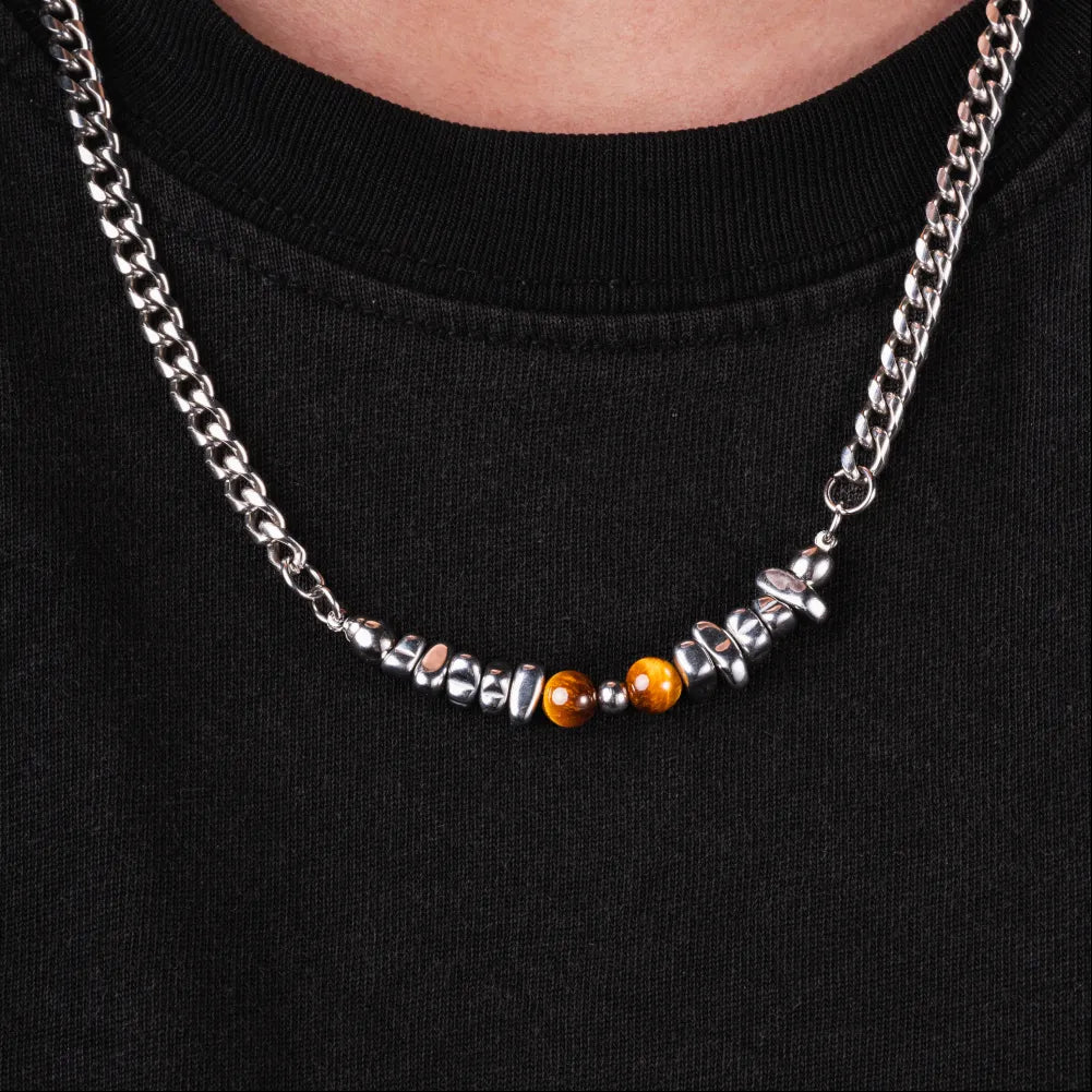 Golden Tiger Eye Chip Ti Steel Chain Necklace Details 02