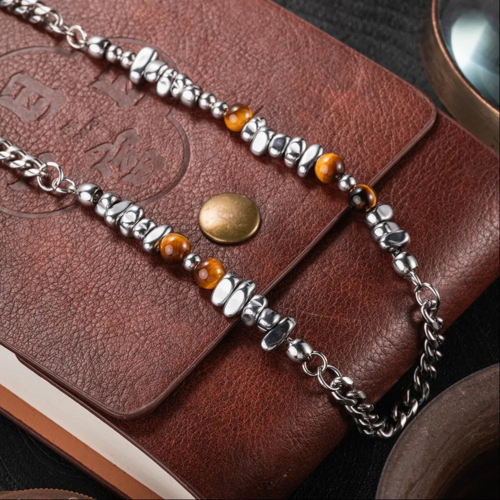 Golden Tiger Eye Chip Ti Steel Chain Necklace Details 03