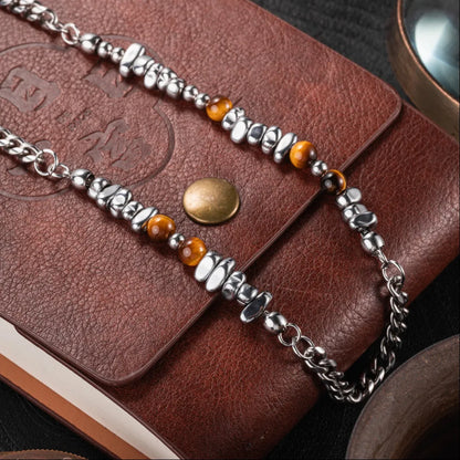 Golden Tiger Eye Chip Ti Steel Chain Necklace Details 03