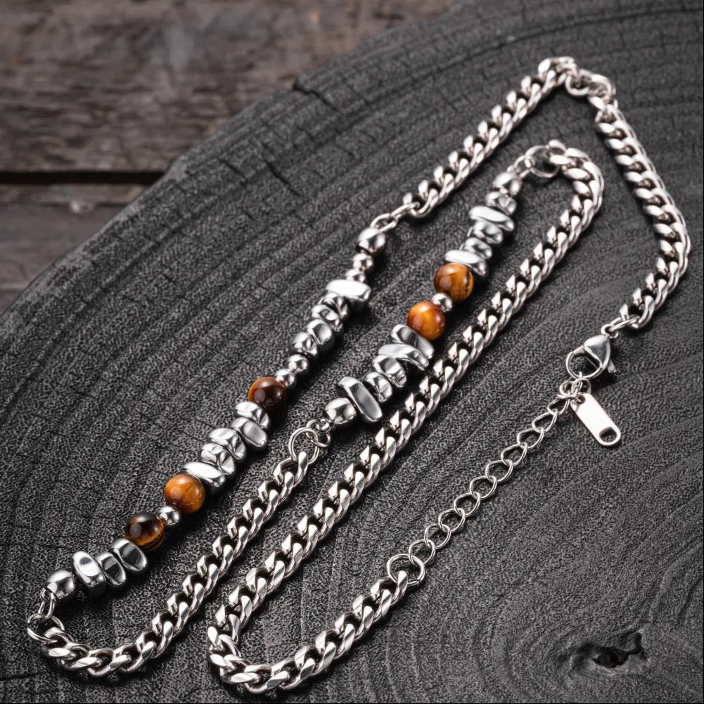 Golden Tiger Eye Chip Ti Steel Chain Necklace Details 05