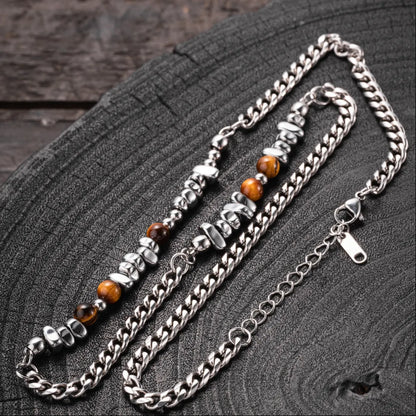 Golden Tiger Eye Chip Ti Steel Chain Necklace Details 05