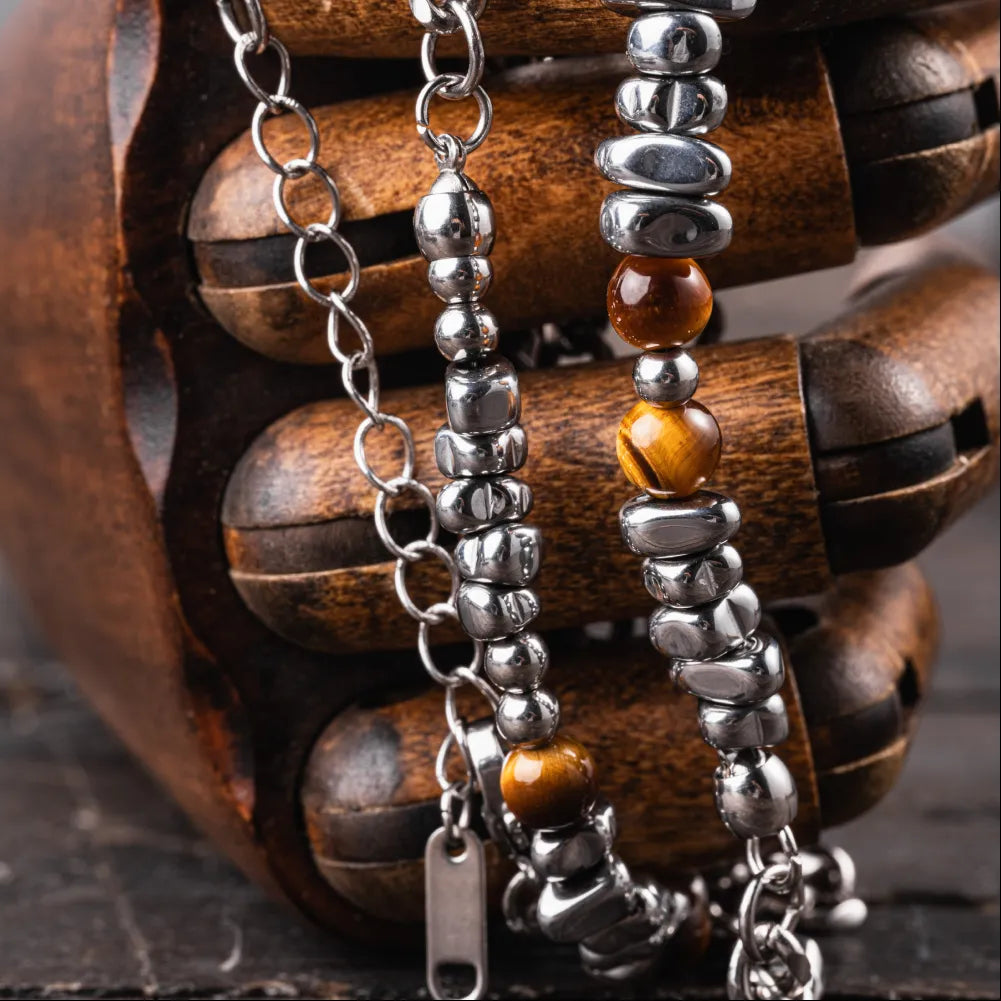Golden Tiger Eye Chip Ti Steel Chain Necklace Details 06