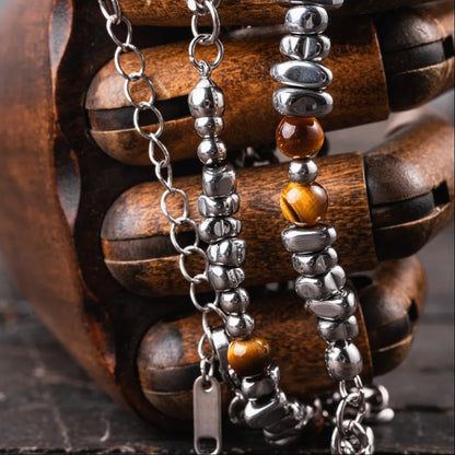 Golden Tiger Eye Chip Ti Steel Chain Necklace Details 06