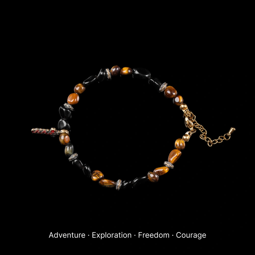 Lightseeker Bracelet obsidian tiger eye and coin sword charm black background product view