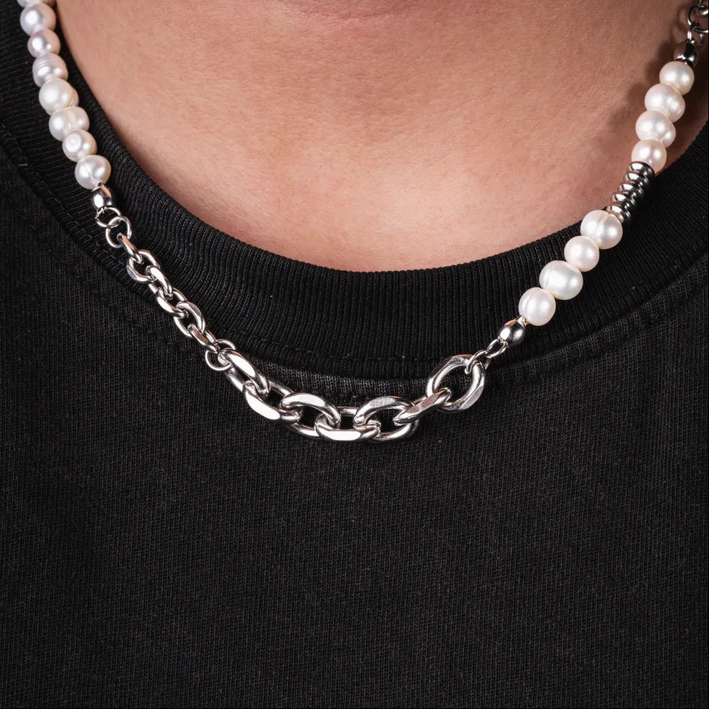 Lustrous Pearl Ti Steel Chain Necklace Details 02