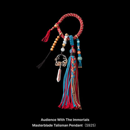 Masterblade Talisman Keychain oxidized silver brass and cinnabar Audience with the Immortals black background product view