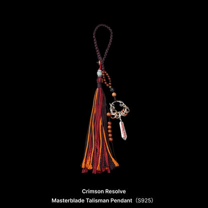 Masterblade Talisman Keychain oxidized silver brass and cinnabar Crimson Resolve black background product view