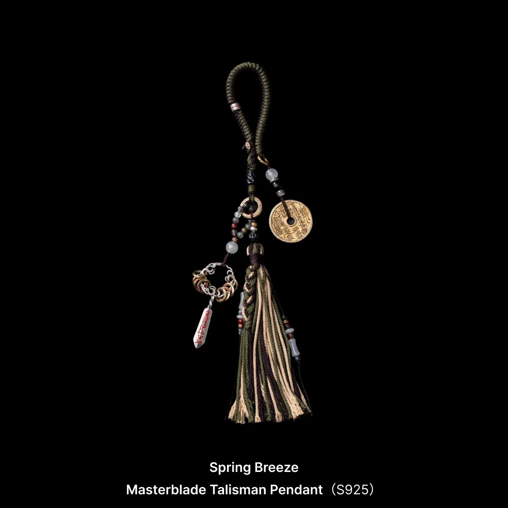 Masterblade Talisman Keychain oxidized silver brass and cinnabar Spring Breeze black background product view