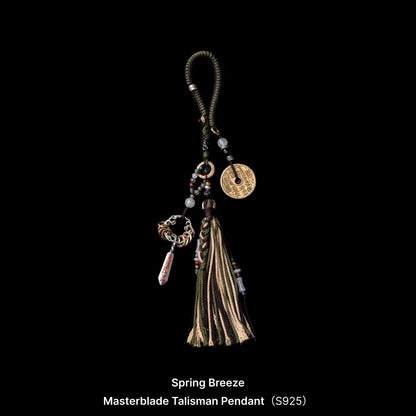 Masterblade Talisman Keychain oxidized silver brass and cinnabar Spring Breeze black background product view