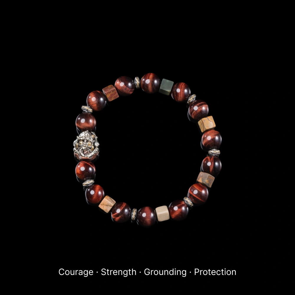 Mountain Guardian Bracelet red tiger eye and guardian bead black background product view